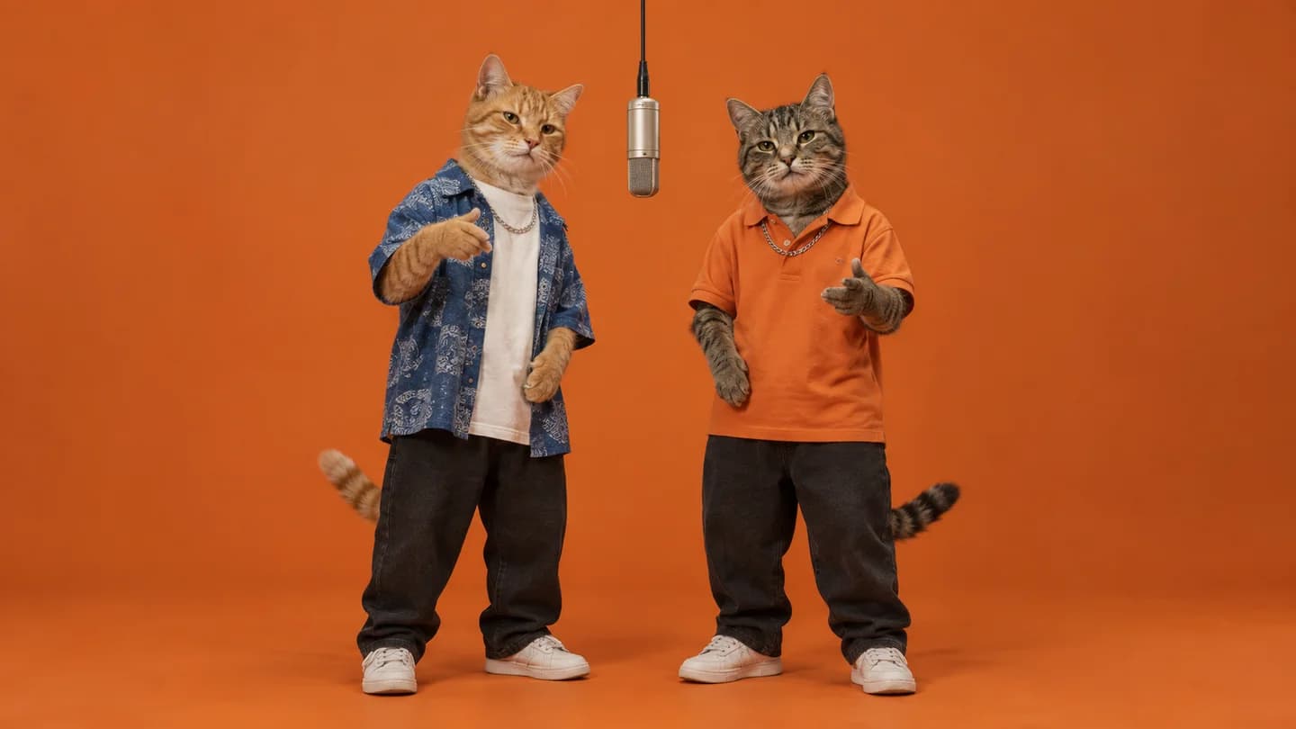 AI illustration of an orange cat and a gray cat performing beneath a studio microphone
