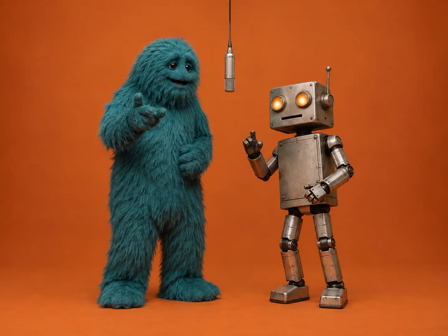 AI illustration of a teal mascot and a silver robot as two distinct orange-studio performers