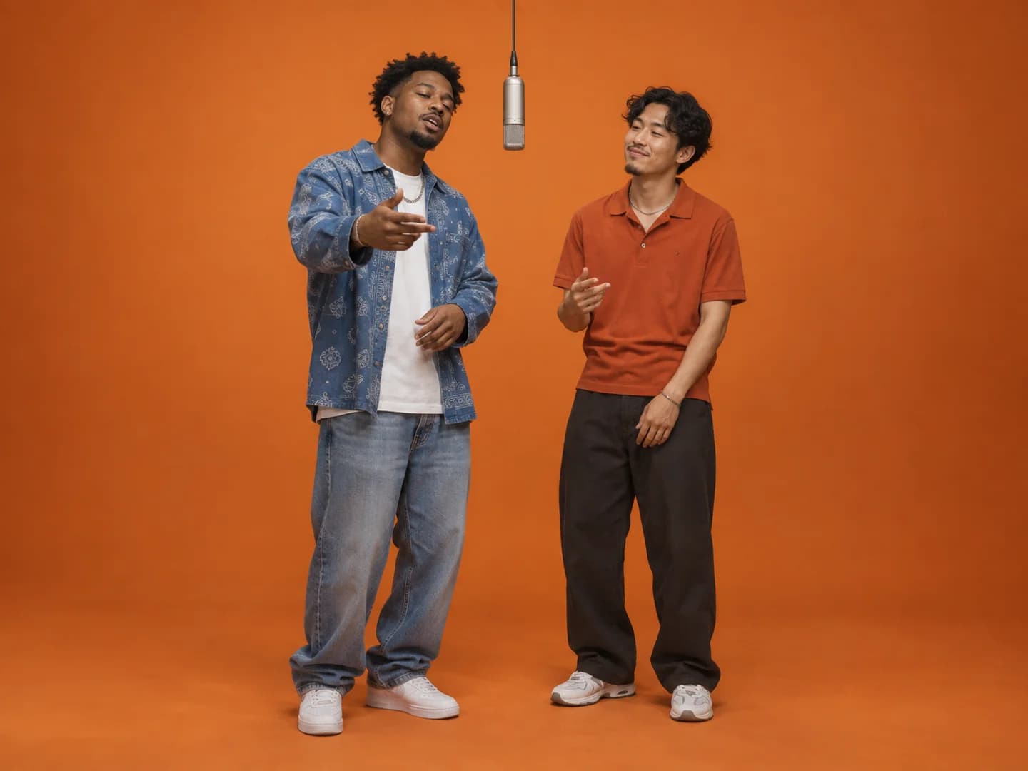 AI illustration of two friends sharing a hanging microphone in an orange studio