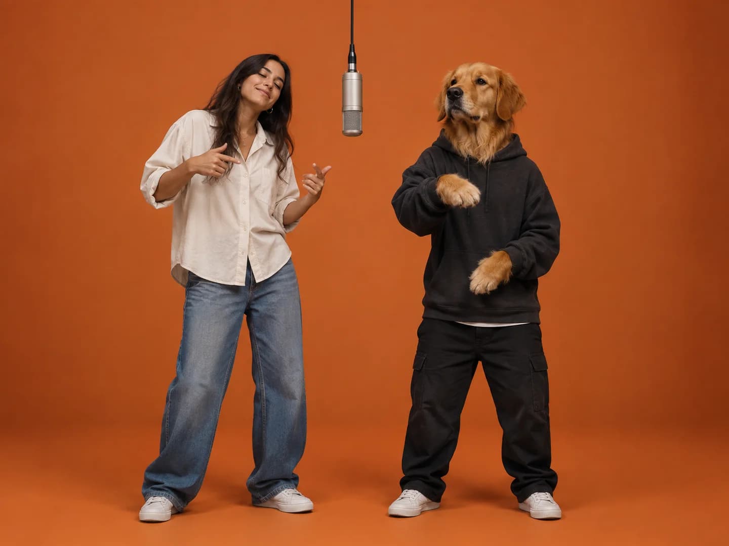 AI illustration of a woman and a golden retriever performing in an orange recording booth